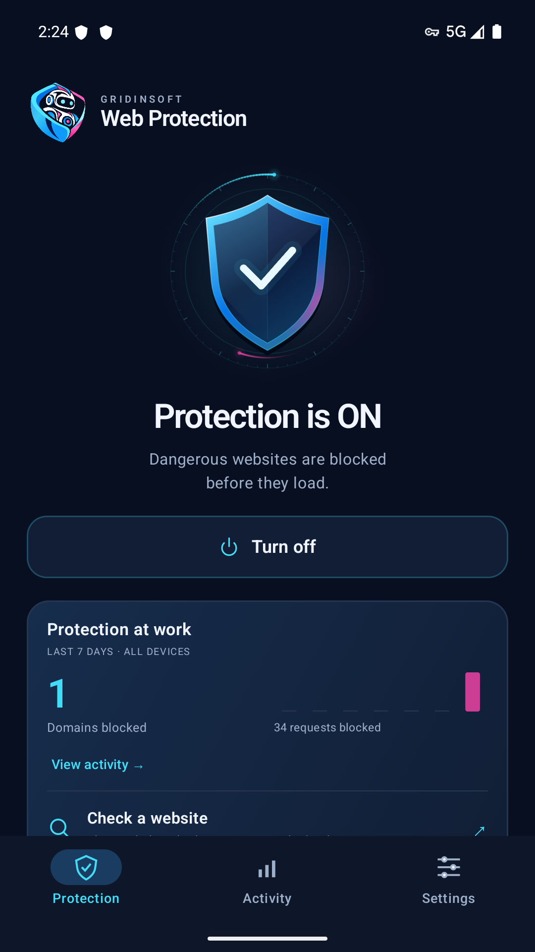Actual Android app showing active protection and blocked-domain activity.