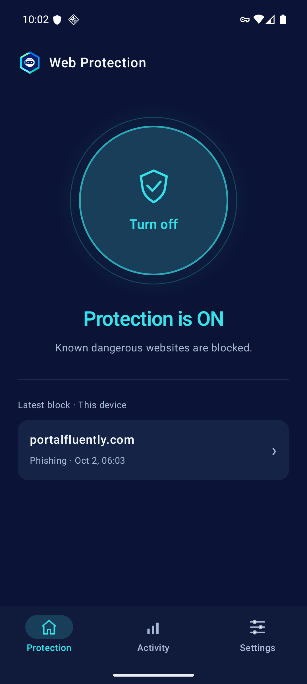 Gridinsoft Web Protection auf Android mit dem Status Protection is ON und einer großen Schaltfläche Turn off